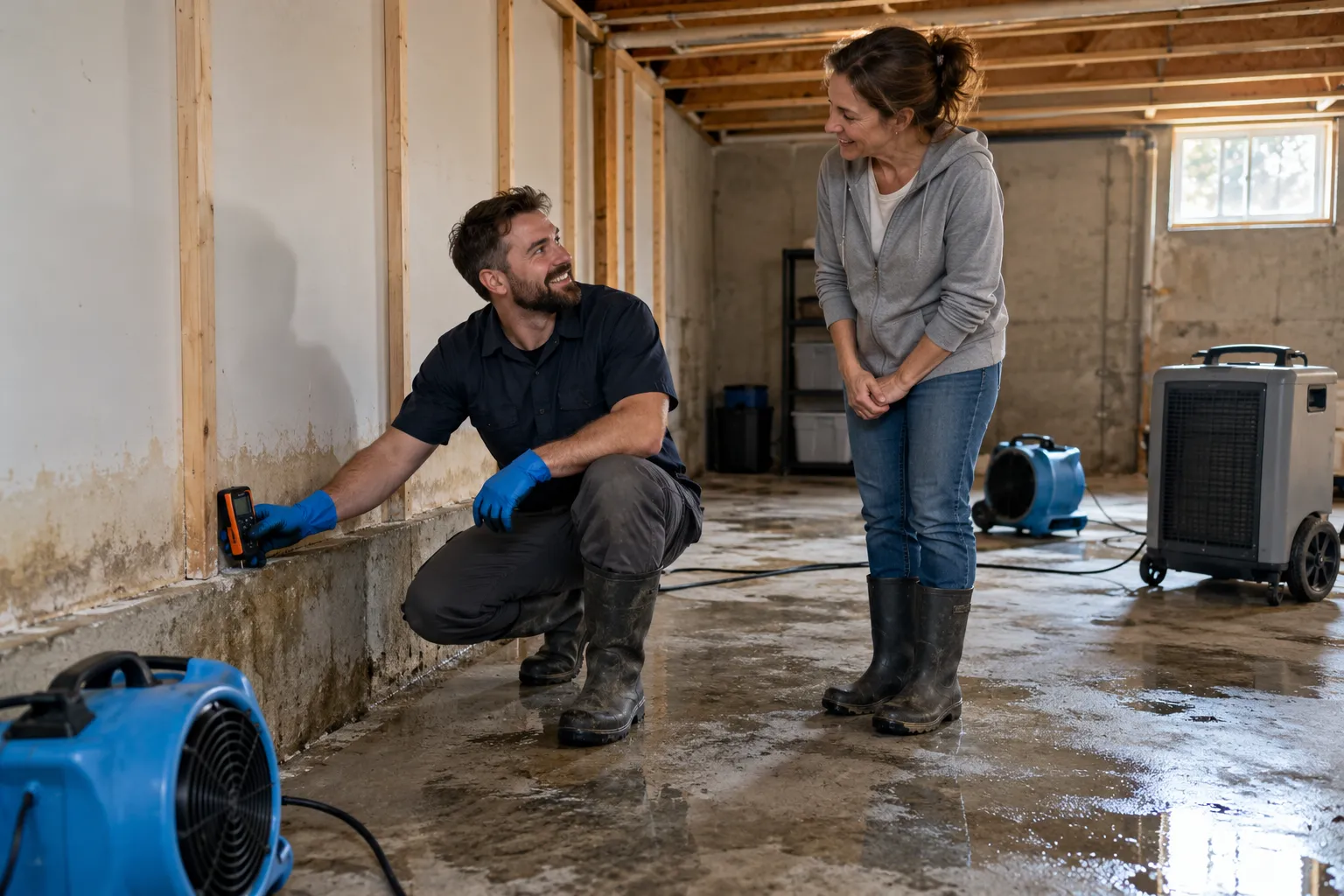 A friendly local provider checking moisture levels on a basement wall in a home in Knoxville