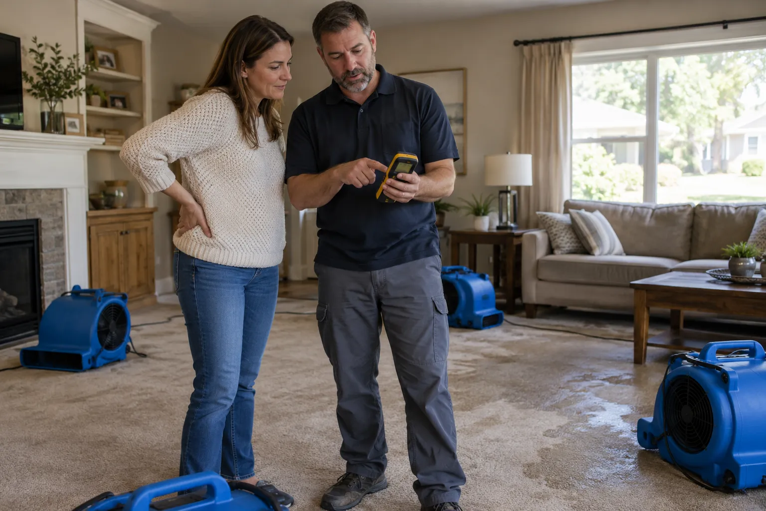 A homeowner and a restoration provider checking a wet living room in Knoxville