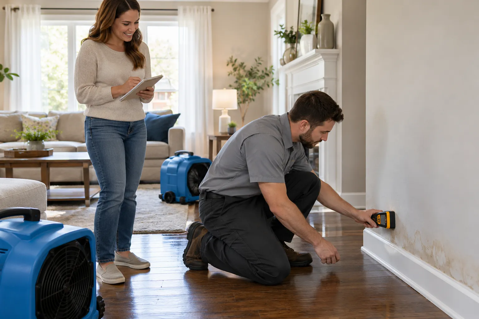 A local provider using a moisture meter on a wall while a homeowner looks on in Knoxville